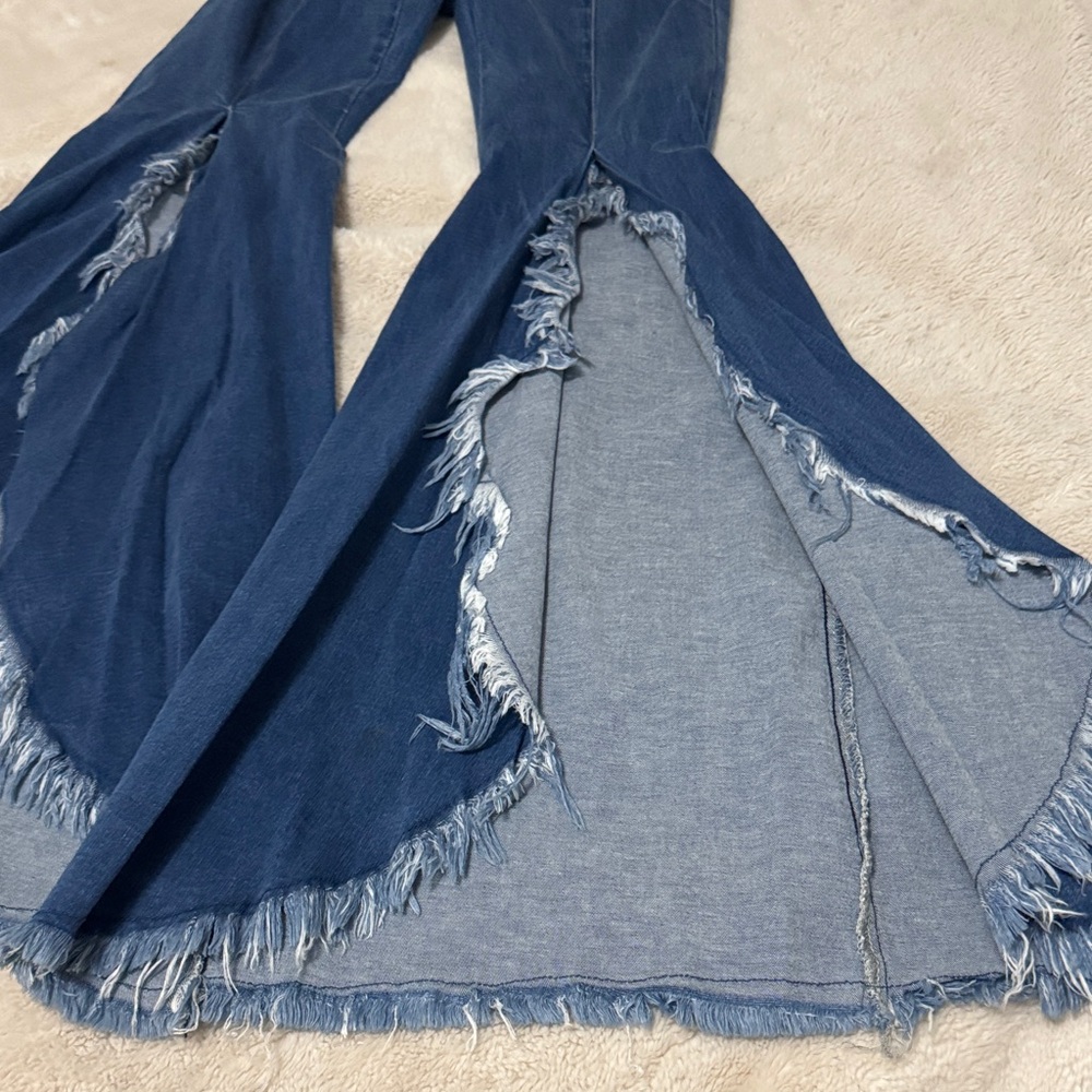 No Waistband Split Leg Flared Bellbottom Distressed Stretch Jeans - L - Picture 5 of 8